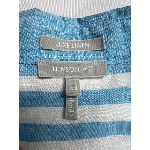 Hinson Wu Luxe Linen Patchwork Striped Button Up Shirt 1X Oversized Coastal - Picture 7 of 13